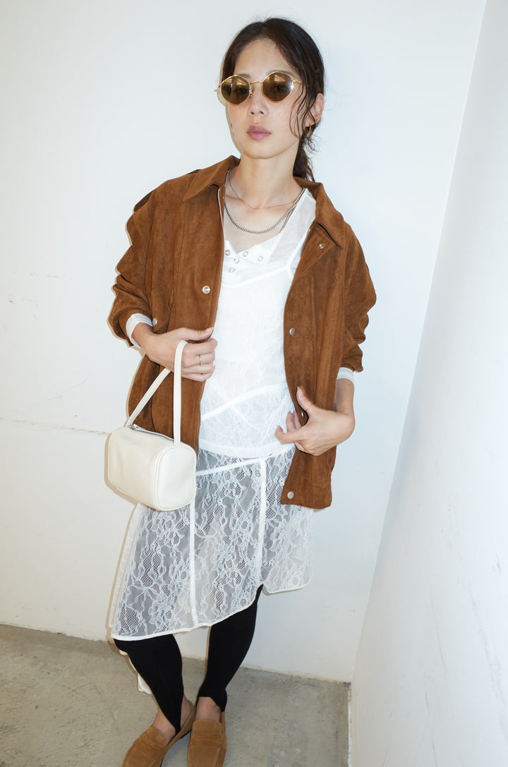 [予約/SET]エポーレット付きスウェードライクブルゾン+レースアシメトリーワンピース+ニットトレンカ(3set)