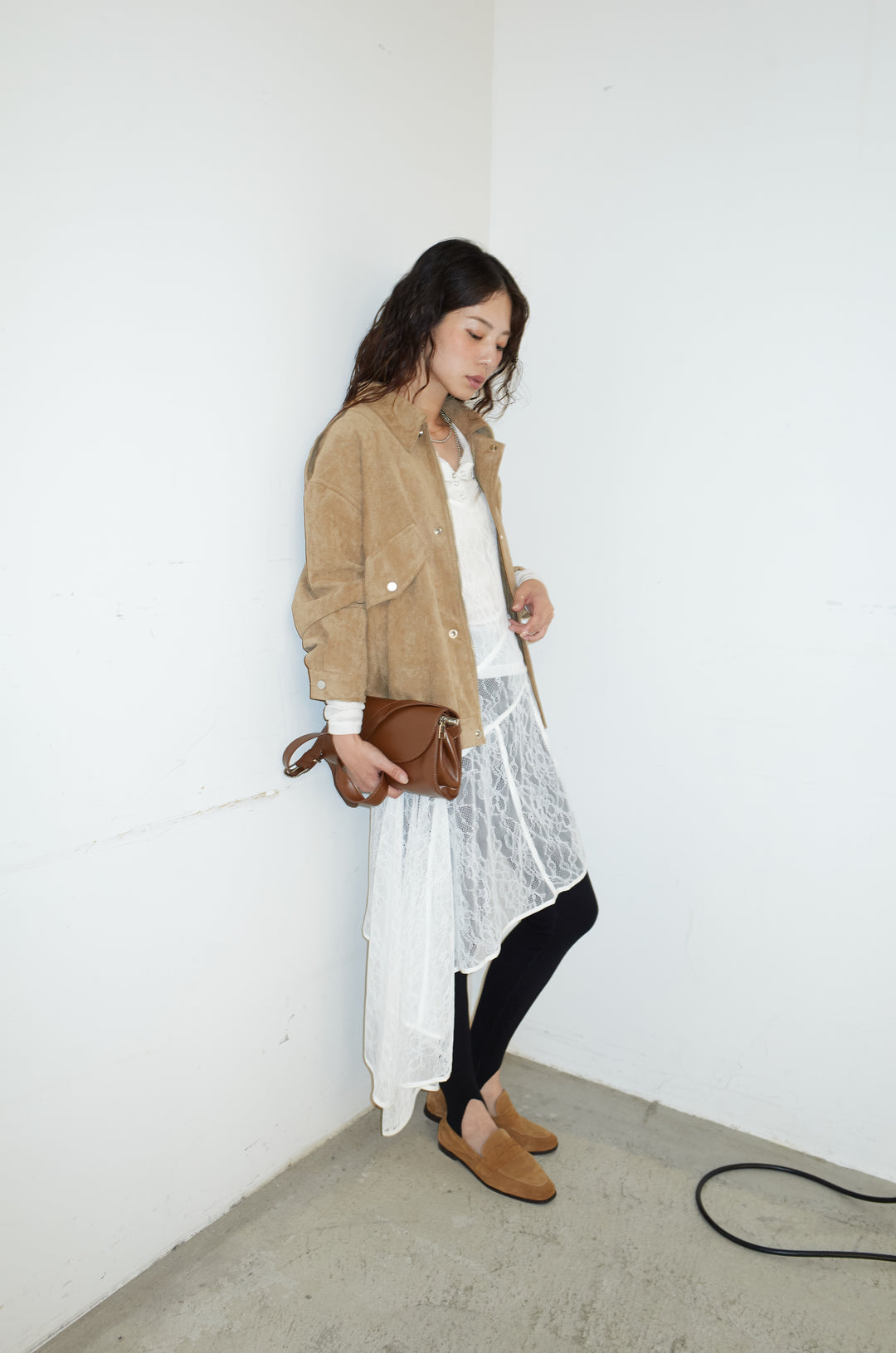 [予約/SET]エポーレット付きスウェードライクブルゾン+レースアシメトリーワンピース+ニットトレンカ(3set)