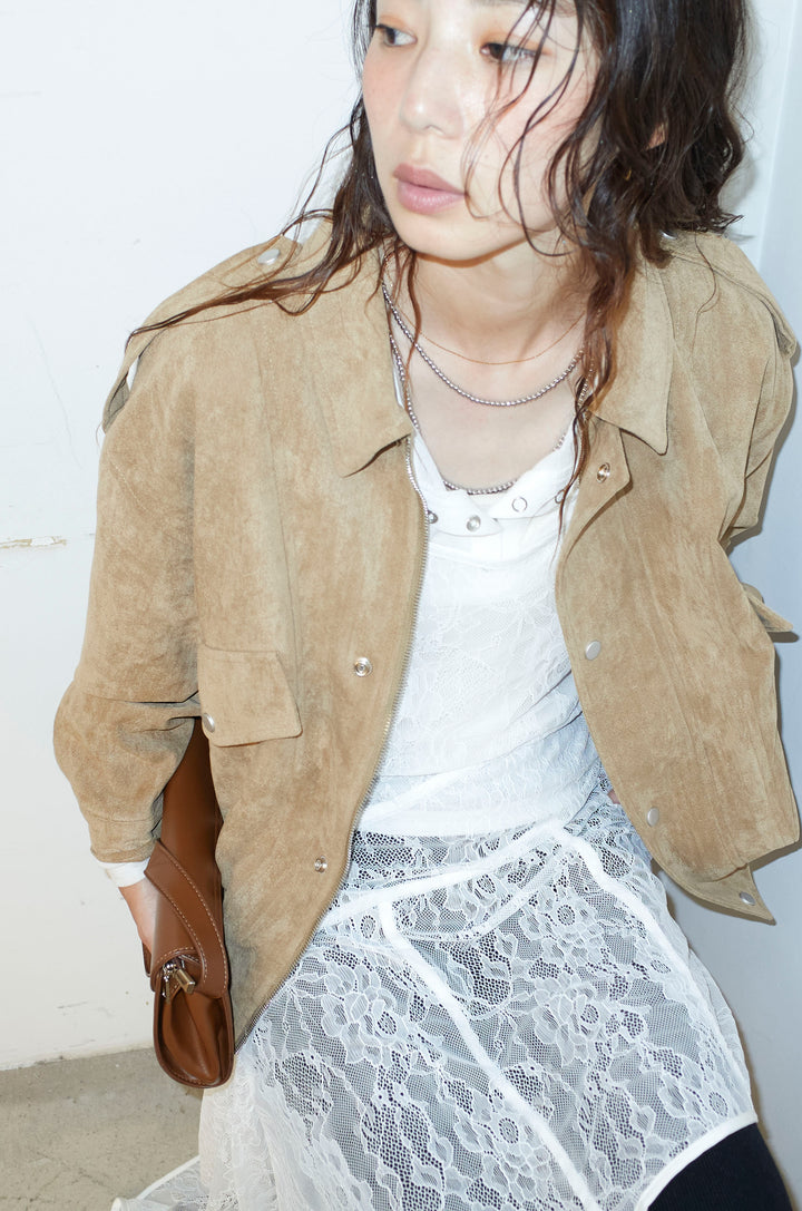 [予約/SET]エポーレット付きスウェードライクブルゾン+レースアシメトリーワンピース+ニットトレンカ(3set)