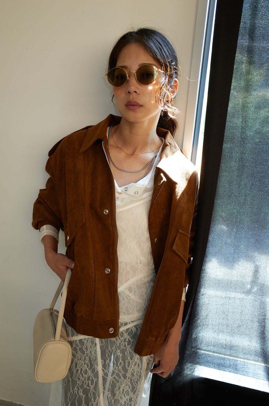 [予約/SET]エポーレット付きスウェードライクブルゾン+レースアシメトリーワンピース+ニットトレンカ(3set)