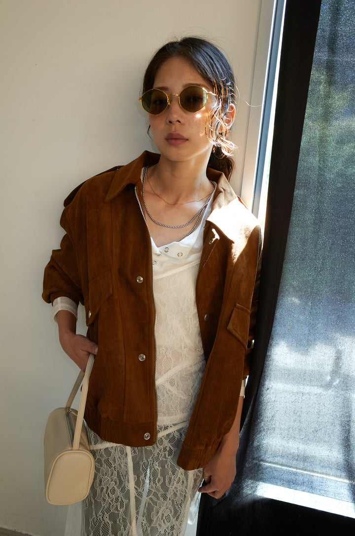 [予約/SET]エポーレット付きスウェードライクブルゾン+シアーヘンリーネックロンT+ニットトレンカ(3set)