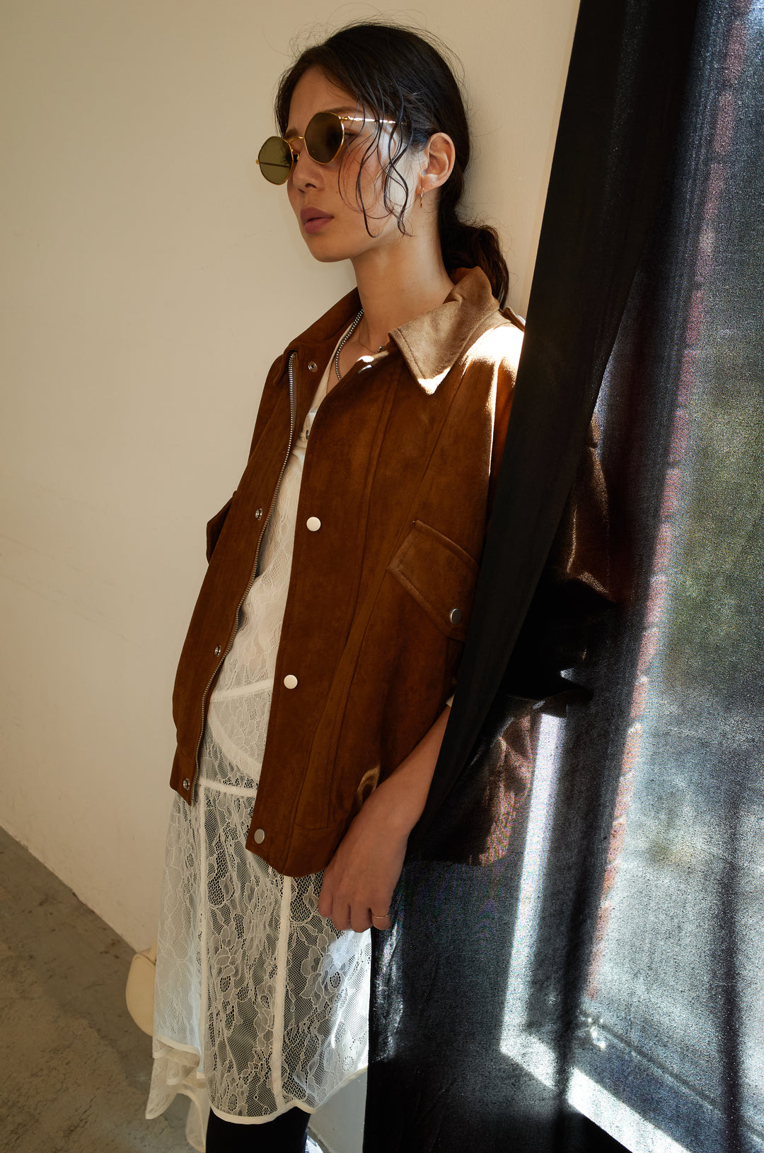 [予約/SET]エポーレット付きスウェードライクブルゾン+レースアシメトリーワンピース+ニットトレンカ(3set)