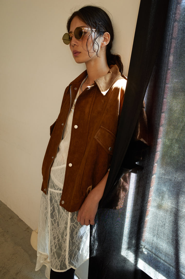 [予約/SET]エポーレット付きスウェードライクブルゾン+レースアシメトリーワンピース+ニットトレンカ(3set)