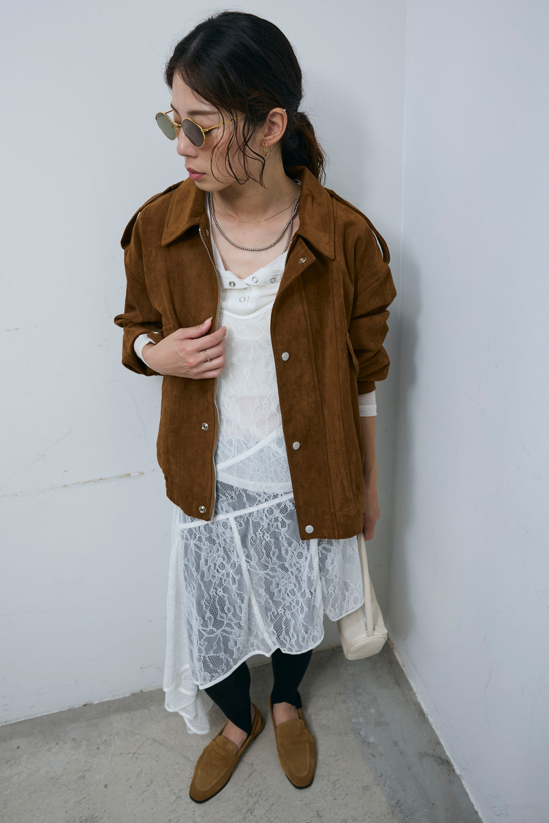 [予約/SET]エポーレット付きスウェードライクブルゾン+シアーヘンリーネックロンT+ニットトレンカ(3set)