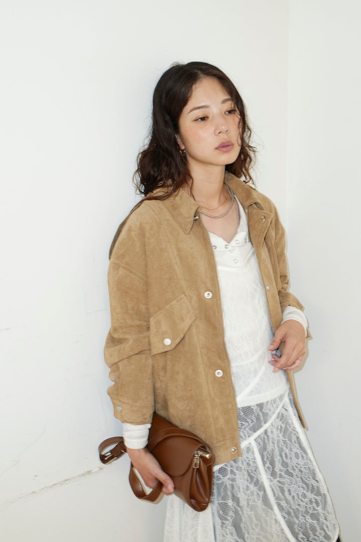 [予約/SET]エポーレット付きスウェードライクブルゾン+シアーヘンリーネックロンT+ニットトレンカ(3set)