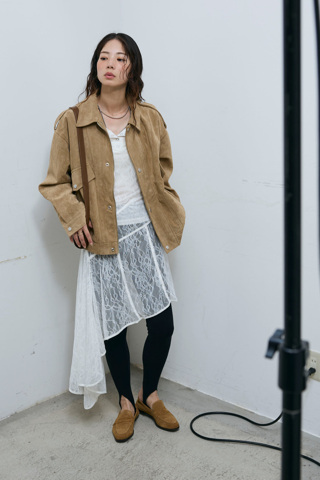 [予約/SET]エポーレット付きスウェードライクブルゾン+シアーヘンリーネックロンT+ニットトレンカ(3set)