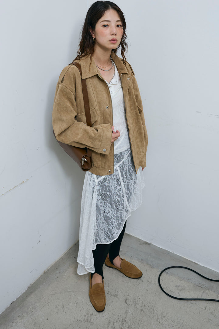 [予約/SET]エポーレット付きスウェードライクブルゾン+レースアシメトリーワンピース+ニットトレンカ(3set)