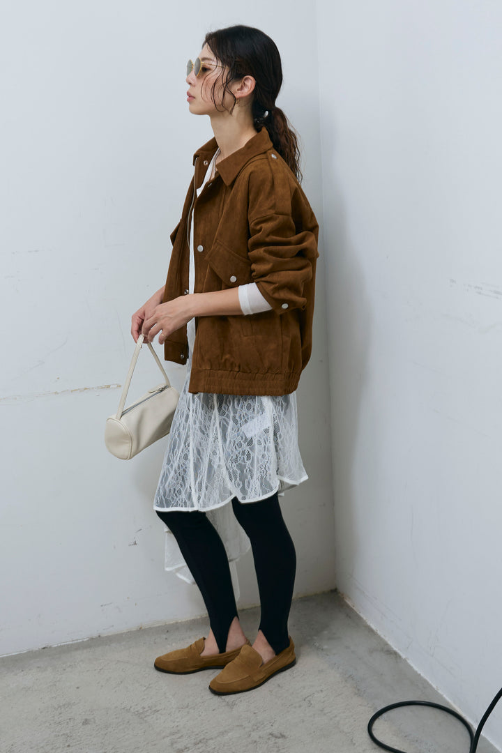 [予約/SET]エポーレット付きスウェードライクブルゾン+レースアシメトリーワンピース+ニットトレンカ(3set)