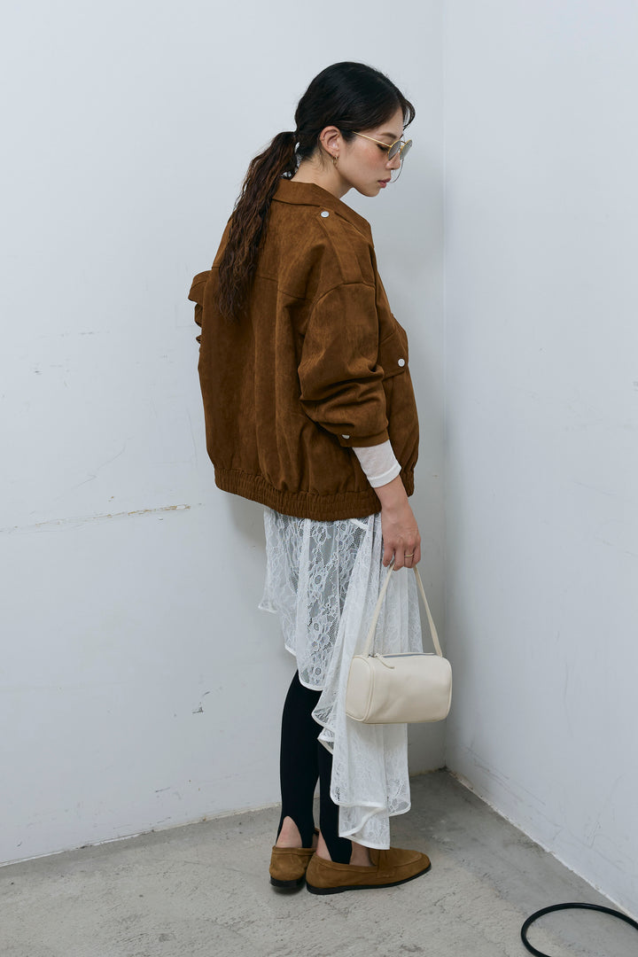 [予約/SET]エポーレット付きスウェードライクブルゾン+シアーヘンリーネックロンT+ニットトレンカ(3set)