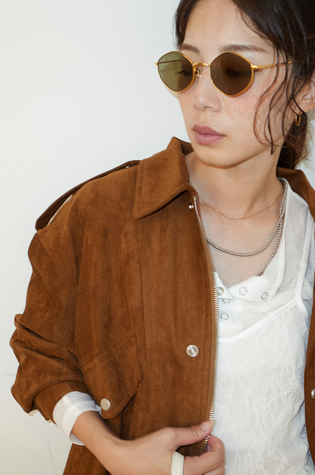 [予約/SET]エポーレット付きスウェードライクブルゾン+シアーヘンリーネックロンT+ニットトレンカ(3set)