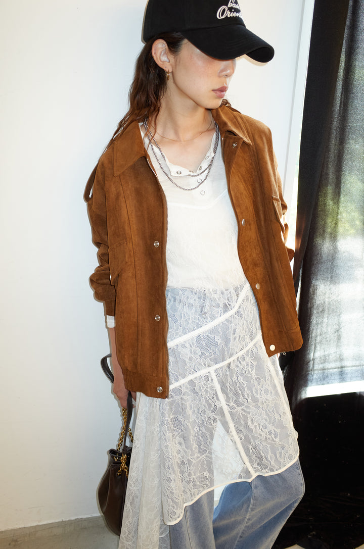 [予約/SET]エポーレット付きスウェードライクブルゾン+レースアシメトリーワンピース(2set)