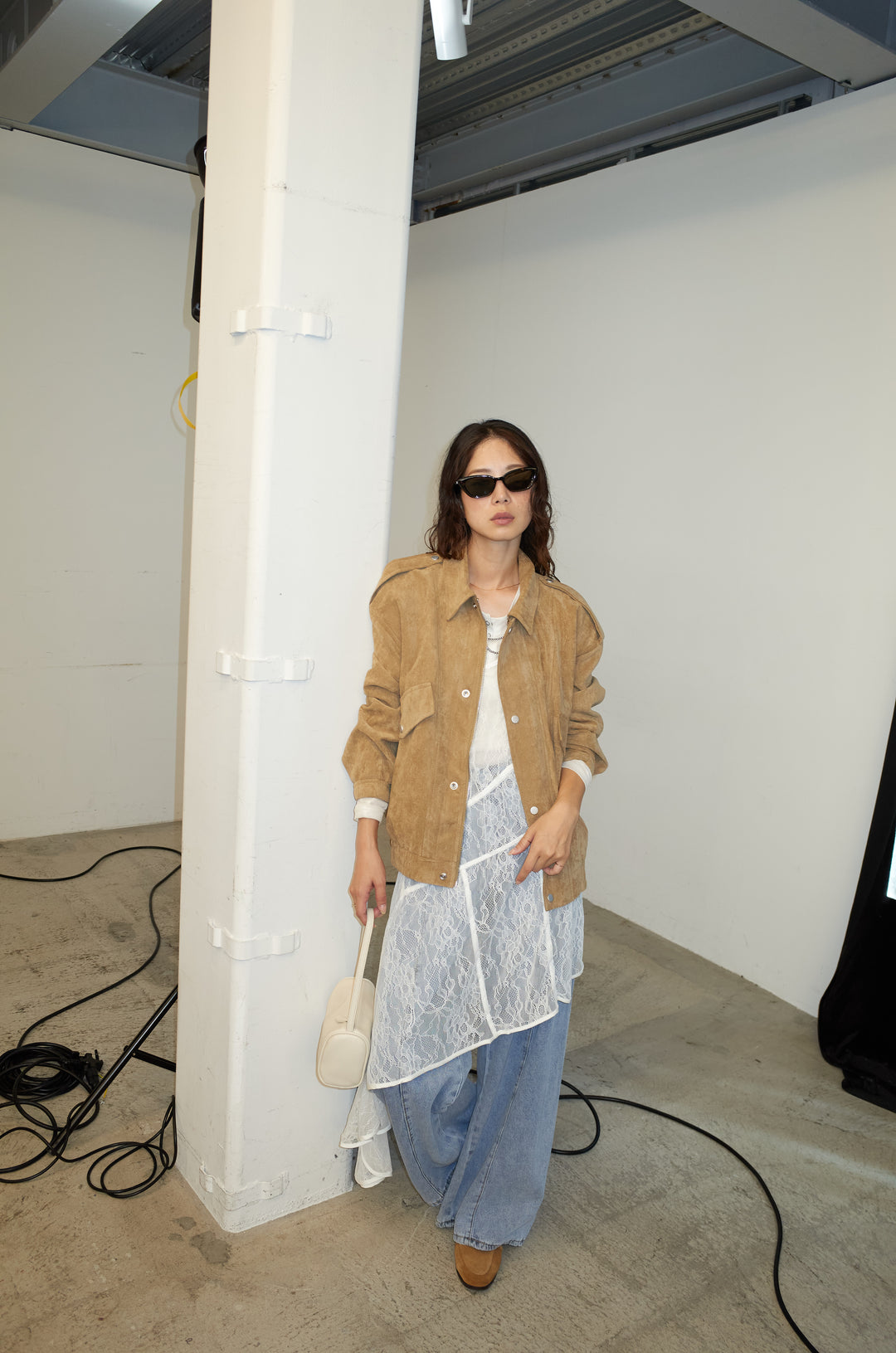 [予約/SET]エポーレット付きスウェードライクブルゾン+サイド切り替えデニム(2set)