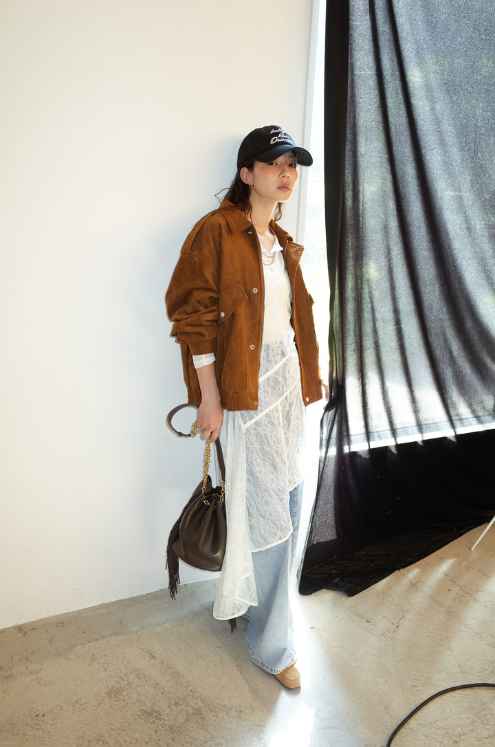 [予約/SET]エポーレット付きスウェードライクブルゾン+シアーヘンリーネックロンT+サイド切り替えデニム(3set)