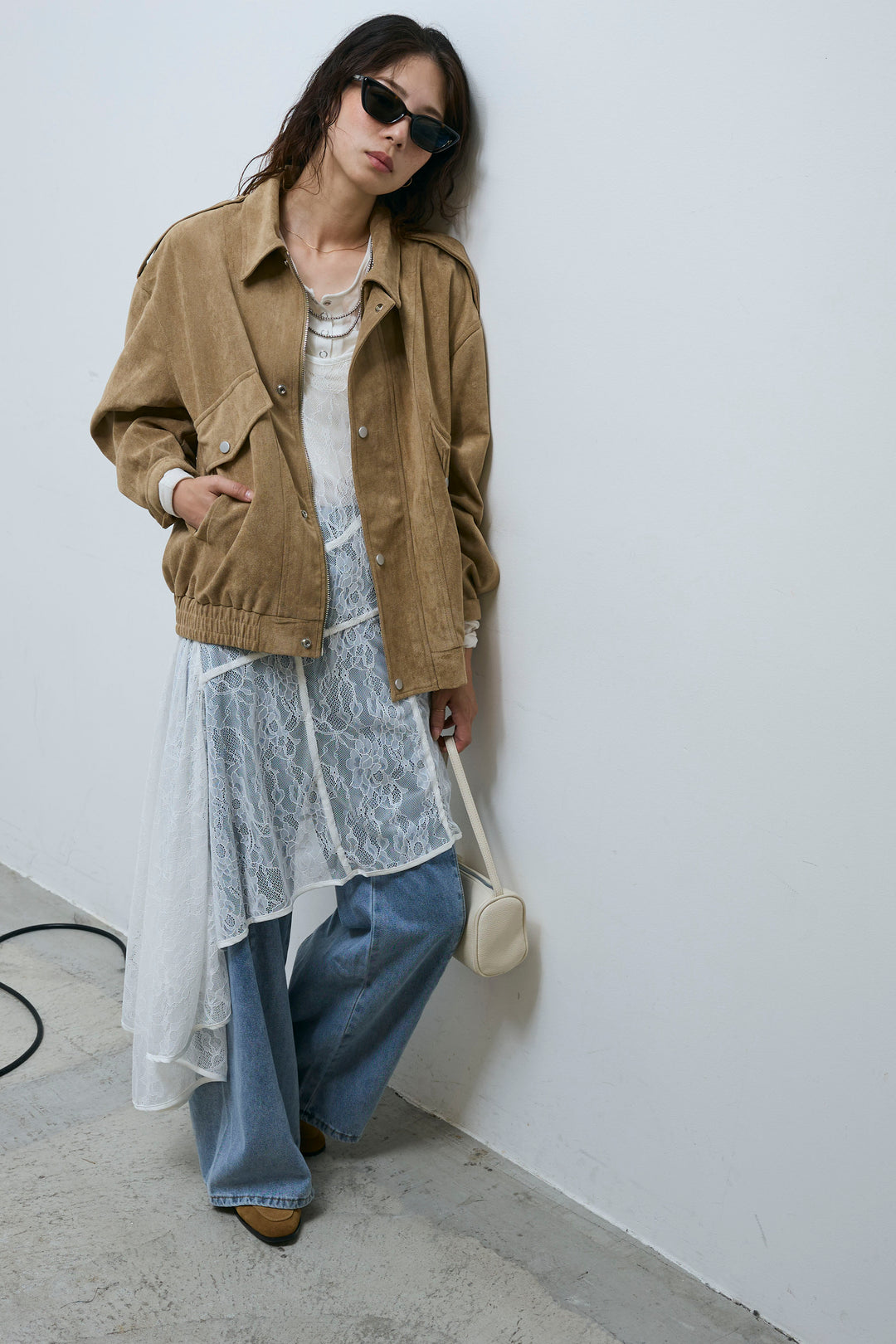 [予約/SET]エポーレット付きスウェードライクブルゾン+レースアシメトリーワンピース(2set)