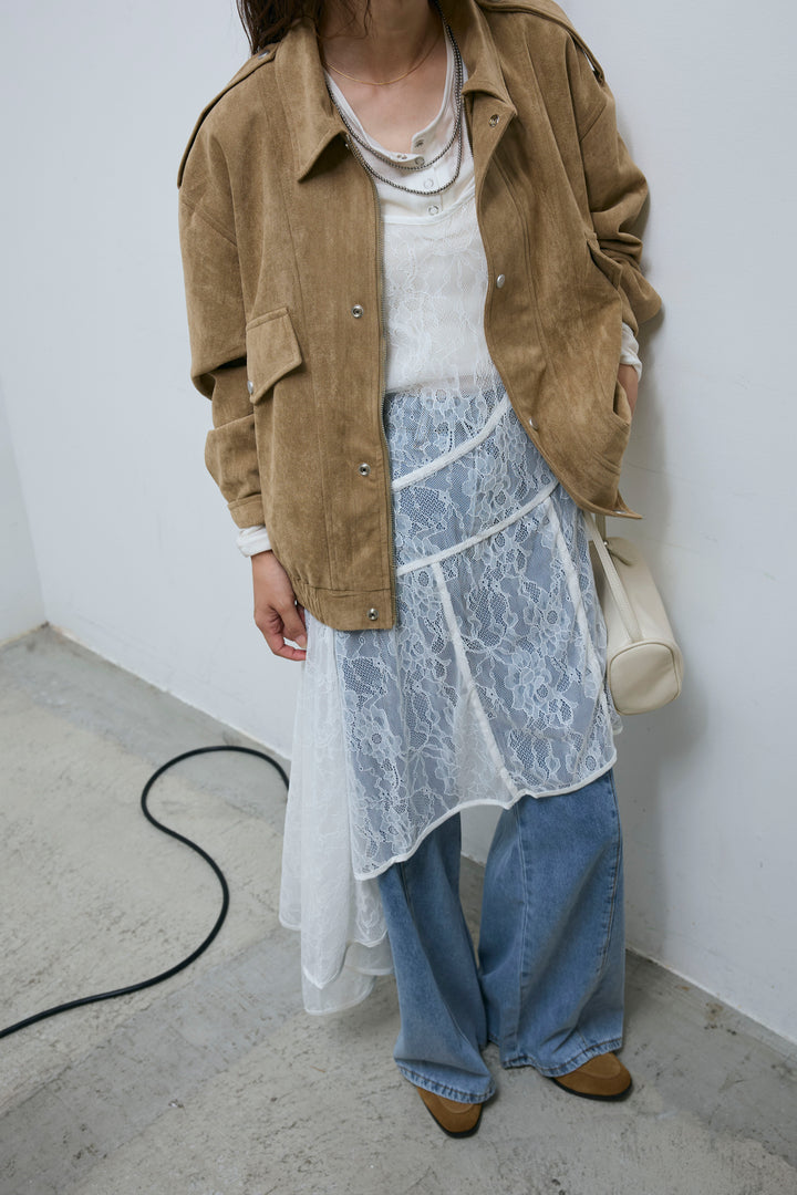 [予約/SET]エポーレット付きスウェードライクブルゾン+レースアシメトリーワンピース(2set)