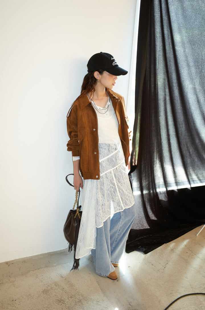 [予約/SET]エポーレット付きスウェードライクブルゾン+シアーヘンリーネックロンT(2set)