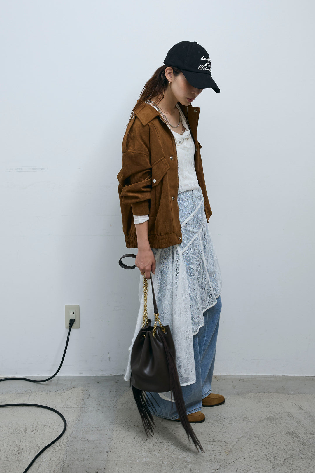 [予約/SET]エポーレット付きスウェードライクブルゾン+サイド切り替えデニム(2set)