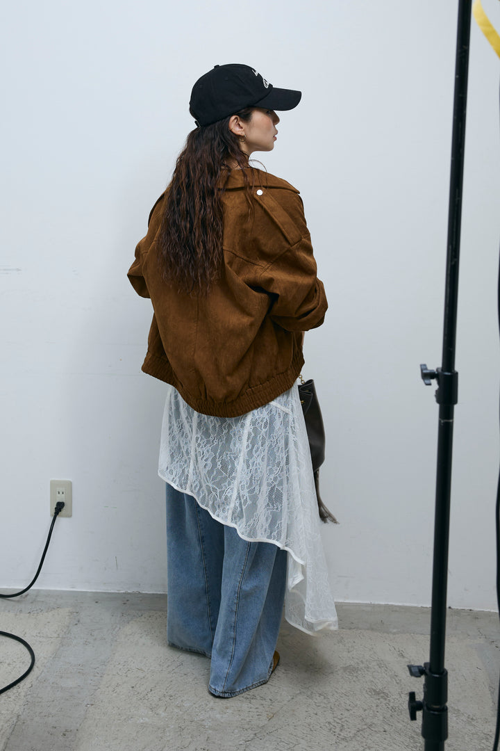 [予約/SET]エポーレット付きスウェードライクブルゾン+シアーヘンリーネックロンT+サイド切り替えデニム(3set)