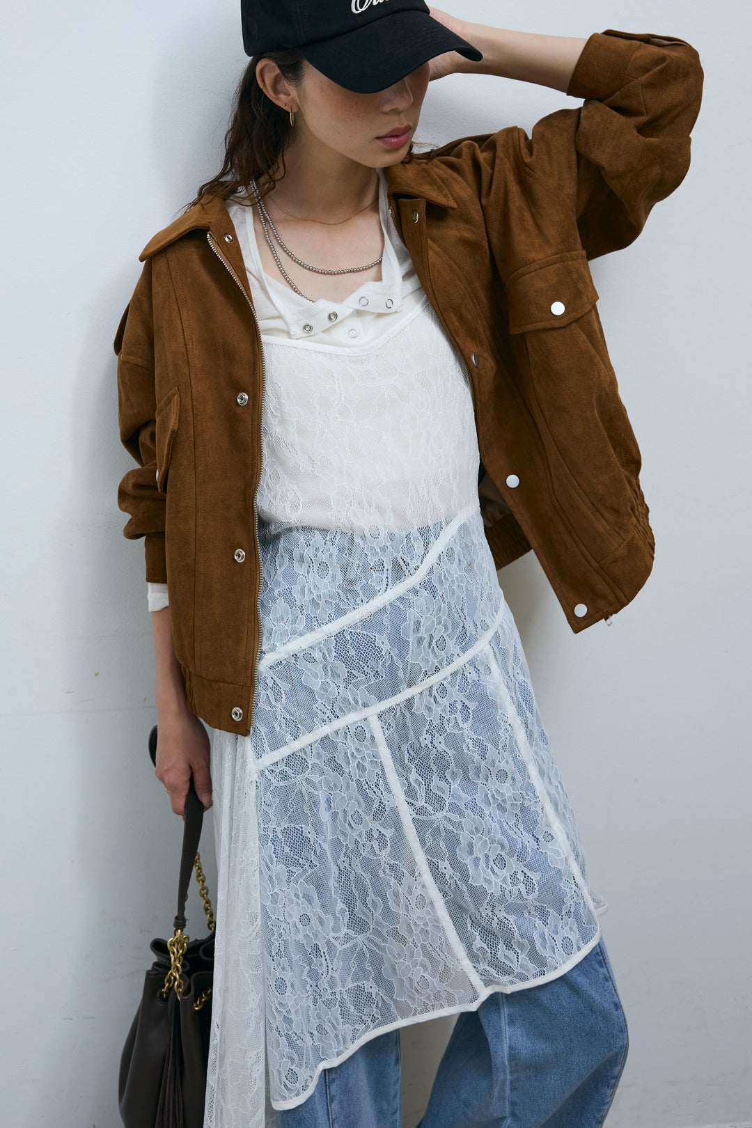 [予約/SET]エポーレット付きスウェードライクブルゾン+レースアシメトリーワンピース(2set)