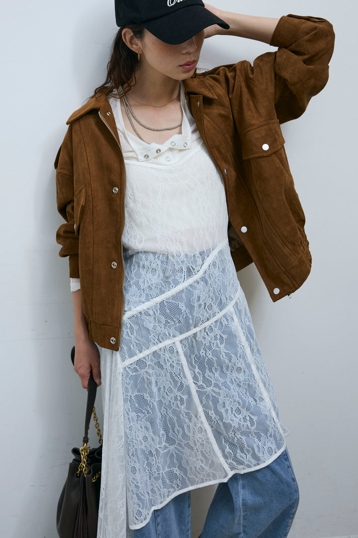 [予約/SET]エポーレット付きスウェードライクブルゾン+シアーヘンリーネックロンT+サイド切り替えデニム(3set)