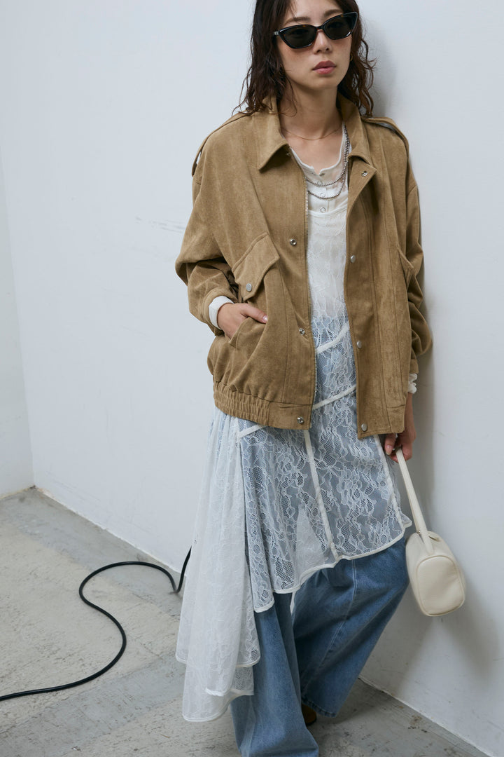 [予約/SET]エポーレット付きスウェードライクブルゾン+シアーヘンリーネックロンT(2set)