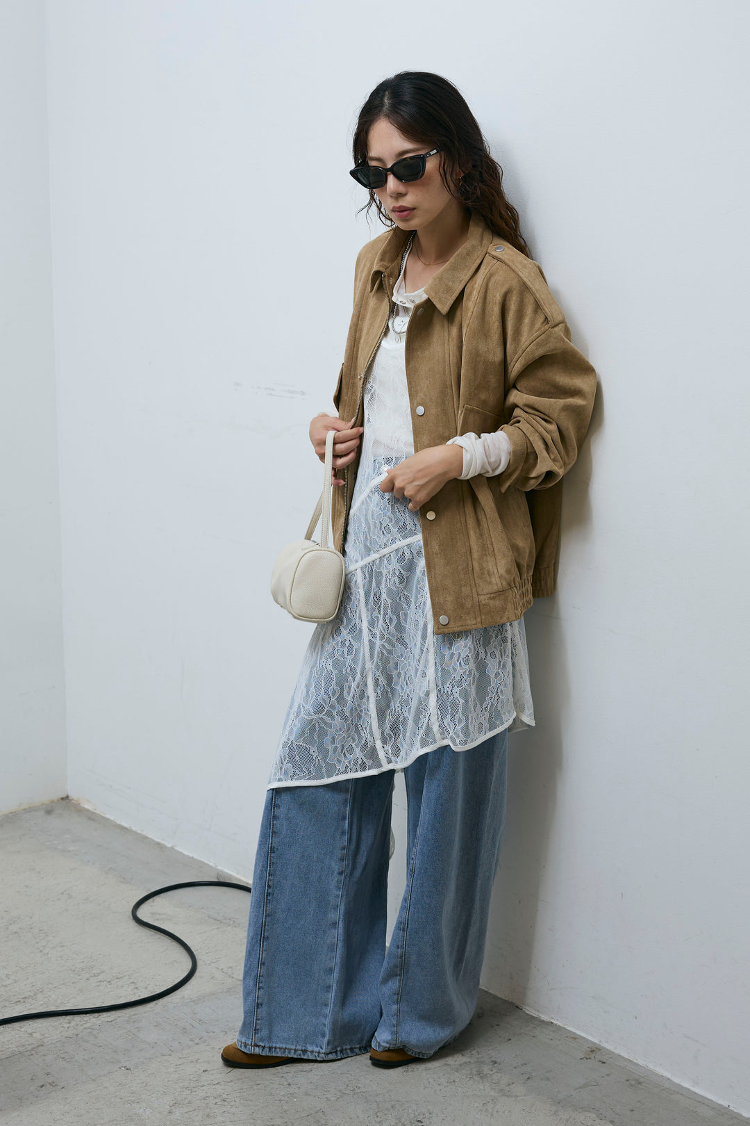 [予約/SET]エポーレット付きスウェードライクブルゾン+レースアシメトリーワンピース(2set)