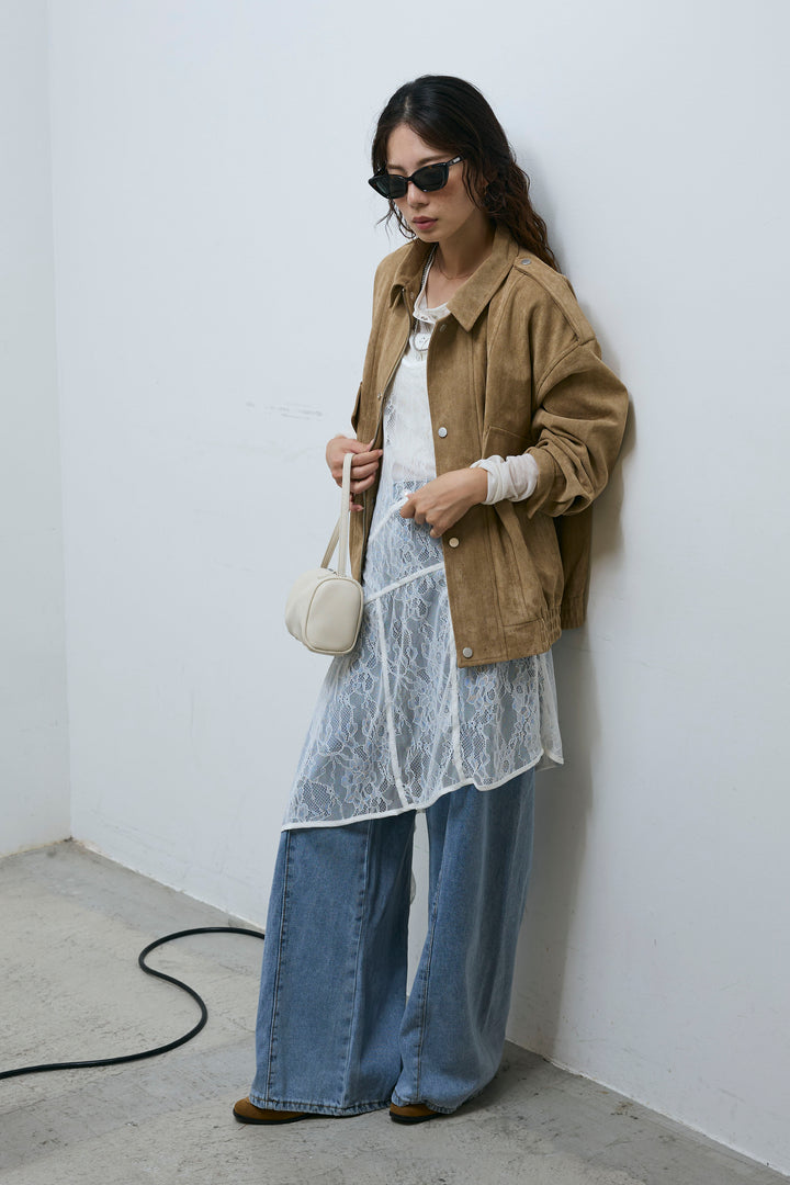 [予約/SET]エポーレット付きスウェードライクブルゾン+レースアシメトリーワンピース(2set)