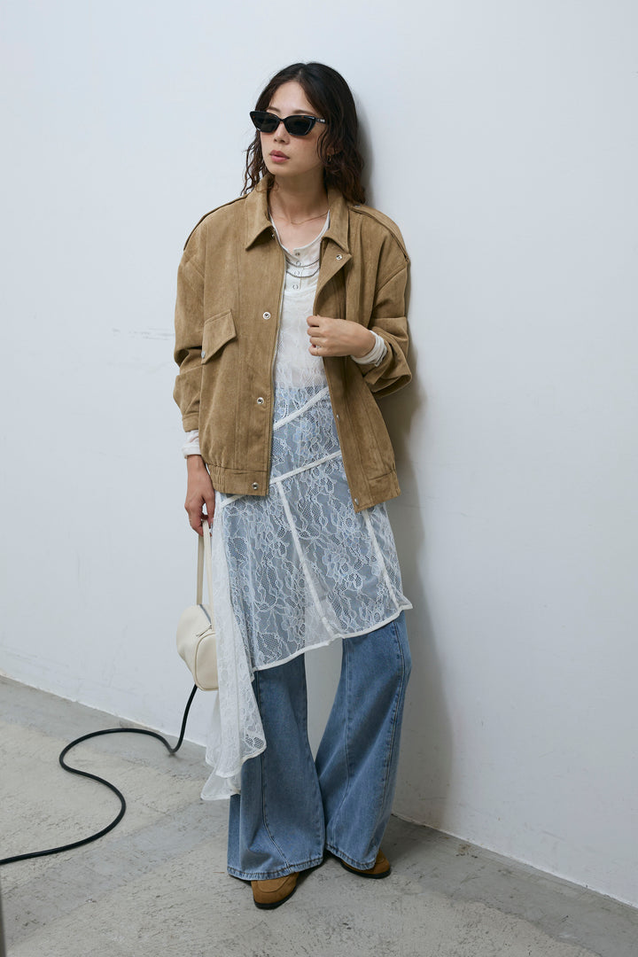 [予約/SET]エポーレット付きスウェードライクブルゾン+レースアシメトリーワンピース(2set)