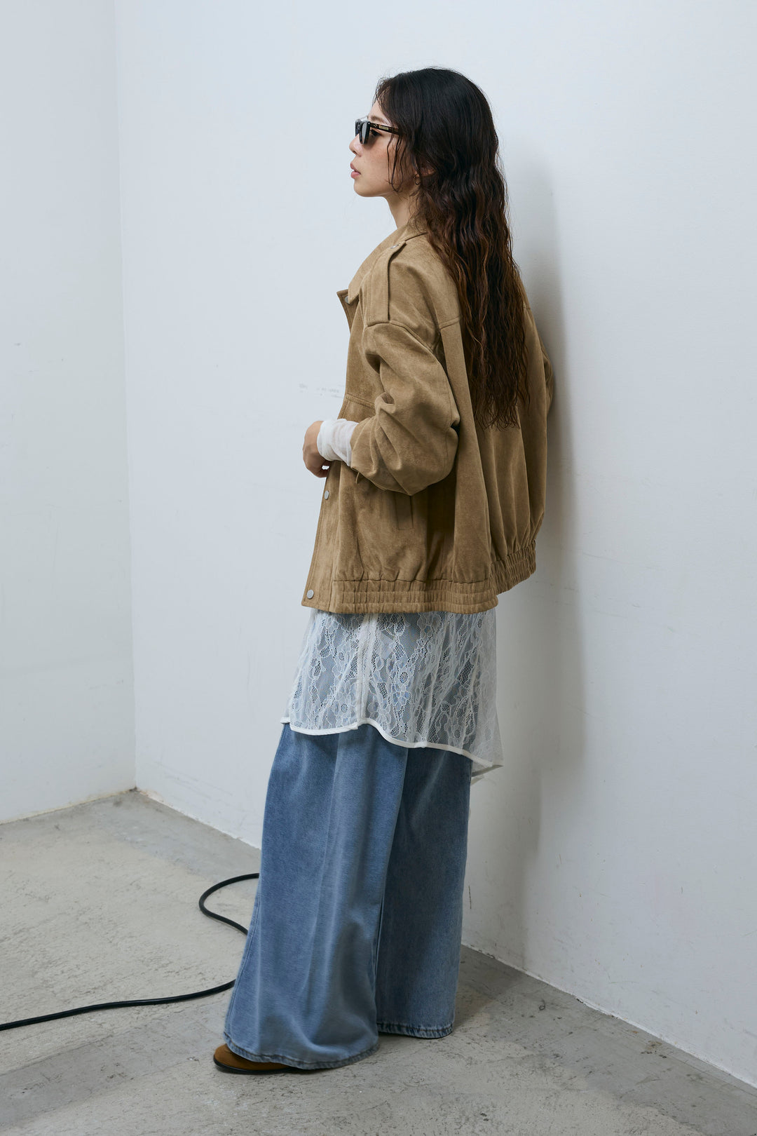 [予約/SET]エポーレット付きスウェードライクブルゾン+サイド切り替えデニム(2set)