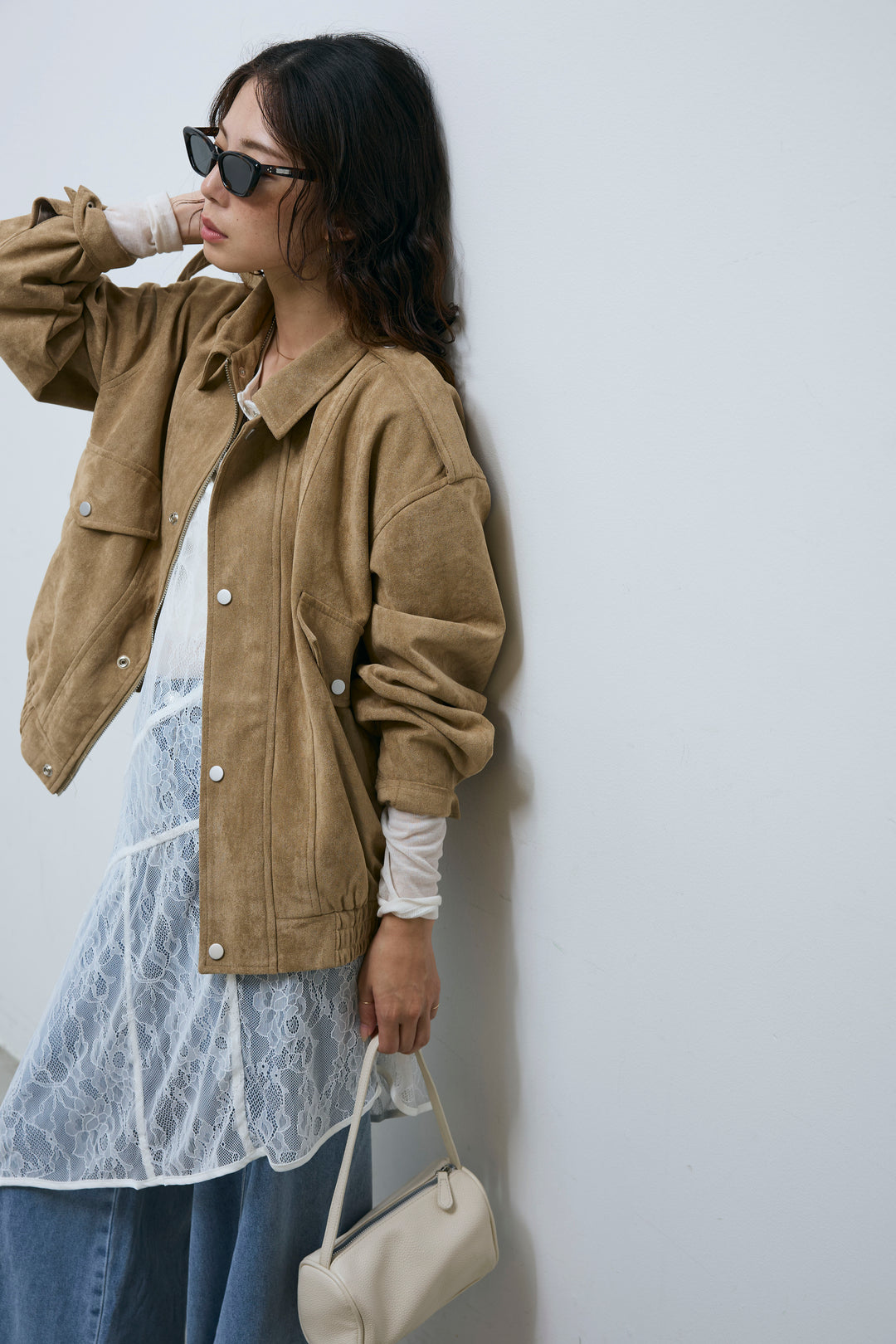 [予約/SET]エポーレット付きスウェードライクブルゾン+サイド切り替えデニム(2set)