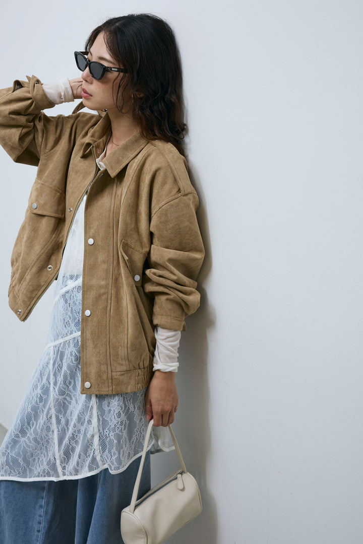 [予約/SET]エポーレット付きスウェードライクブルゾン+サイド切り替えデニム(2set)