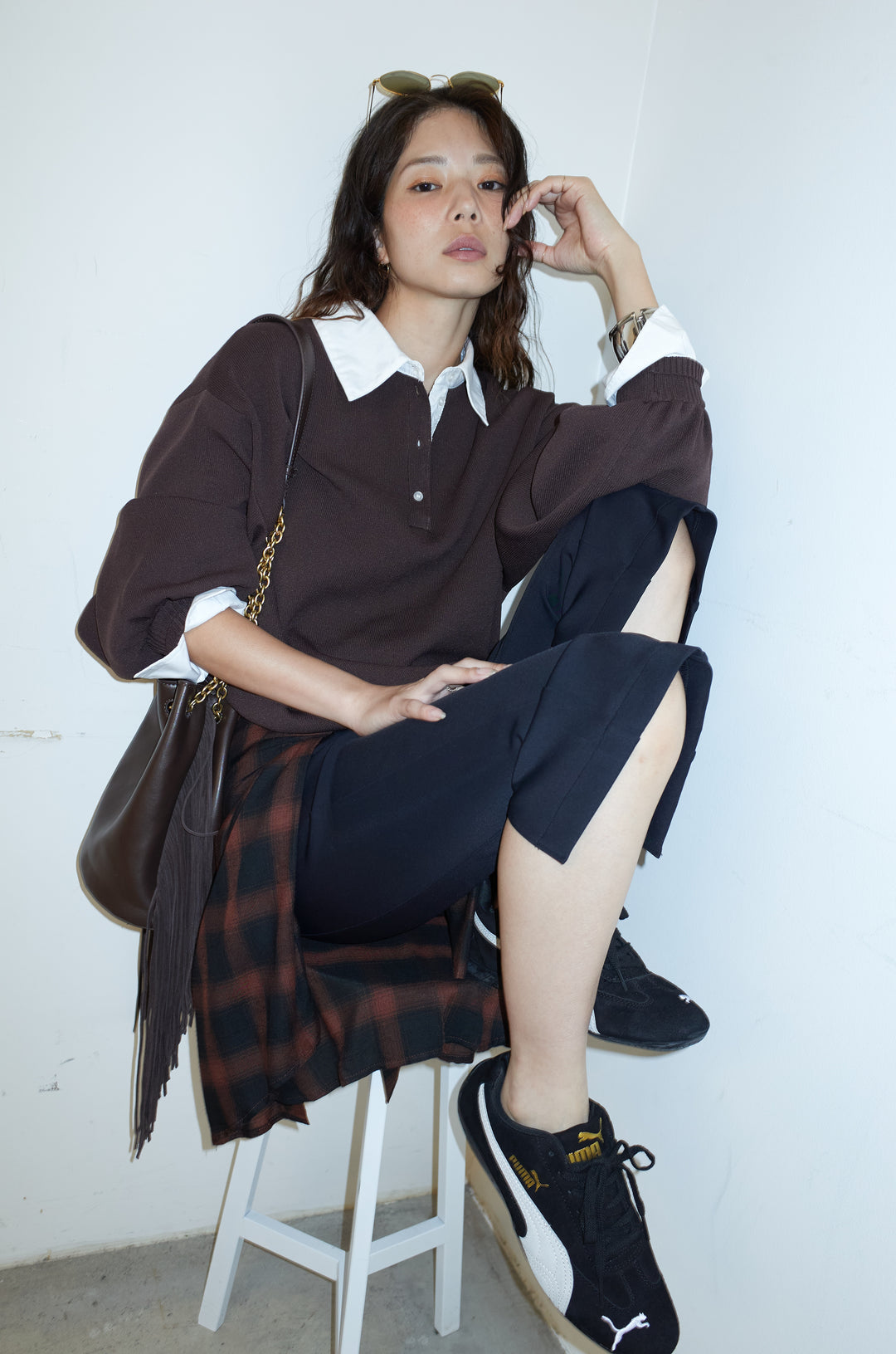 [予約/SET]プレッピーコントラストニット+ストレッチバイカーパンツ(2set)