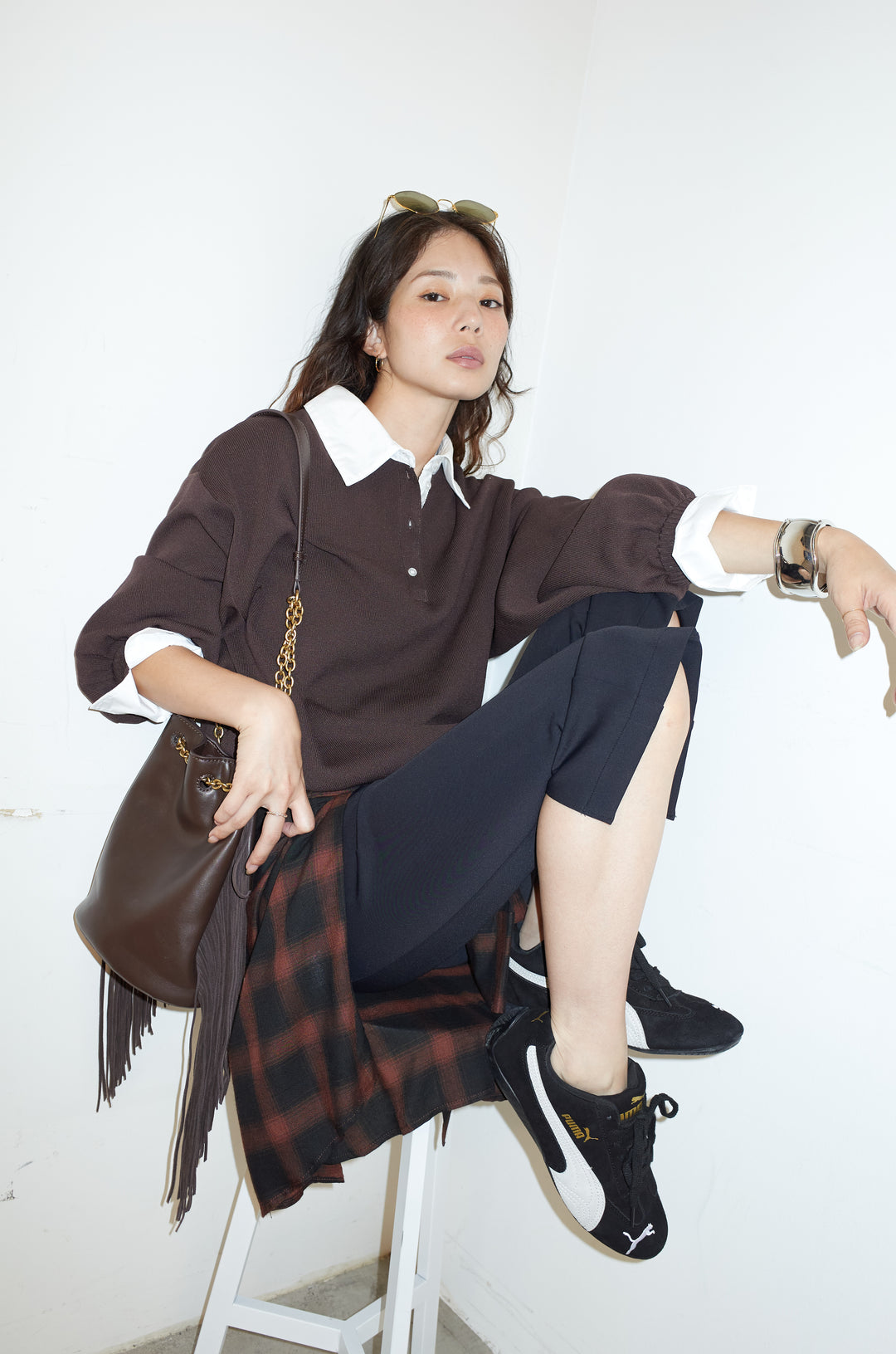 [予約/SET]プレッピーコントラストニット+ストレッチバイカーパンツ(2set)