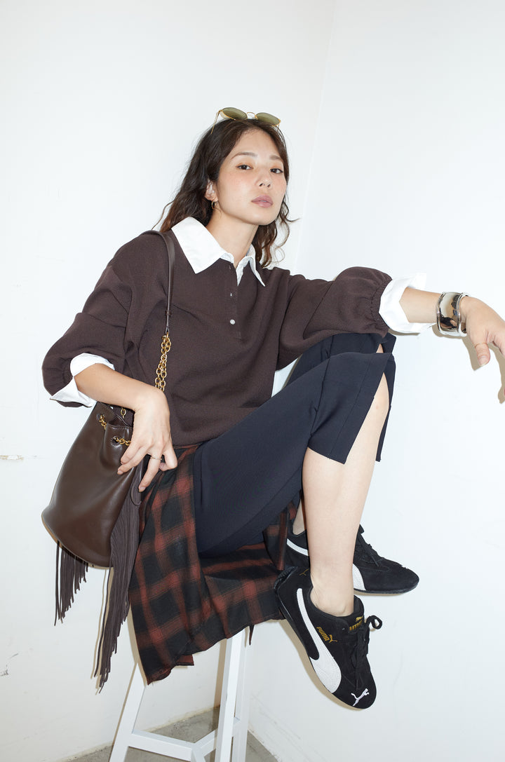 [予約/SET]プレッピーコントラストニット+ストレッチバイカーパンツ(2set)