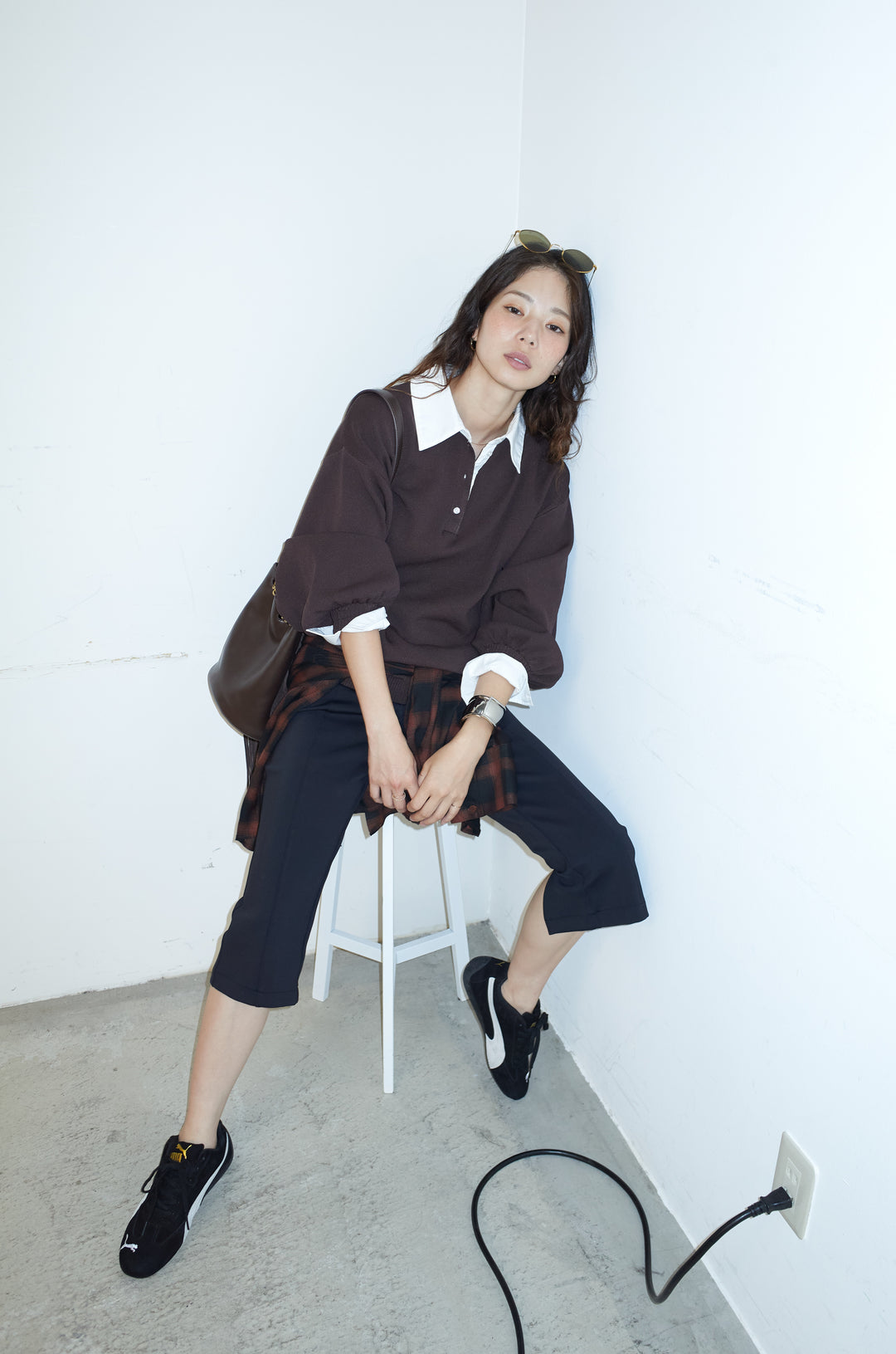 [予約/SET]プレッピーコントラストニット+ストレッチバイカーパンツ(2set)