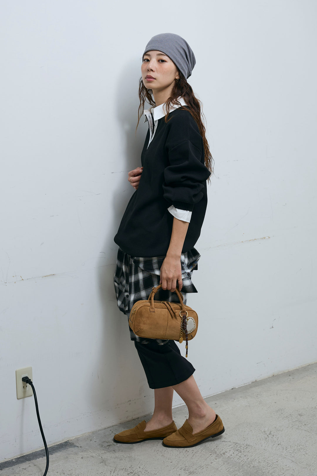 [予約/SET]プレッピーコントラストニット+ストレッチバイカーパンツ(2set)