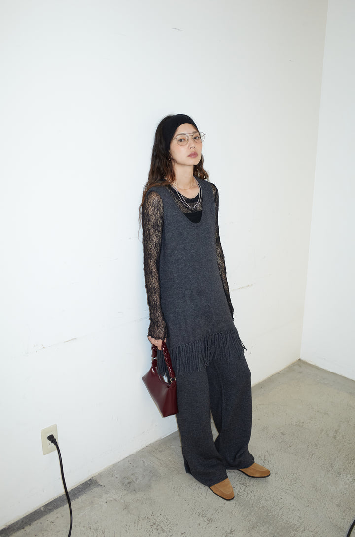 [予約/SET]裾フリンジノースリニット+シアーレーストップス+ニットワイドパンツ(3set)