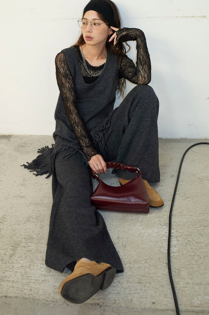 [予約/SET]裾フリンジノースリニット+ニットワイドパンツ(2set)