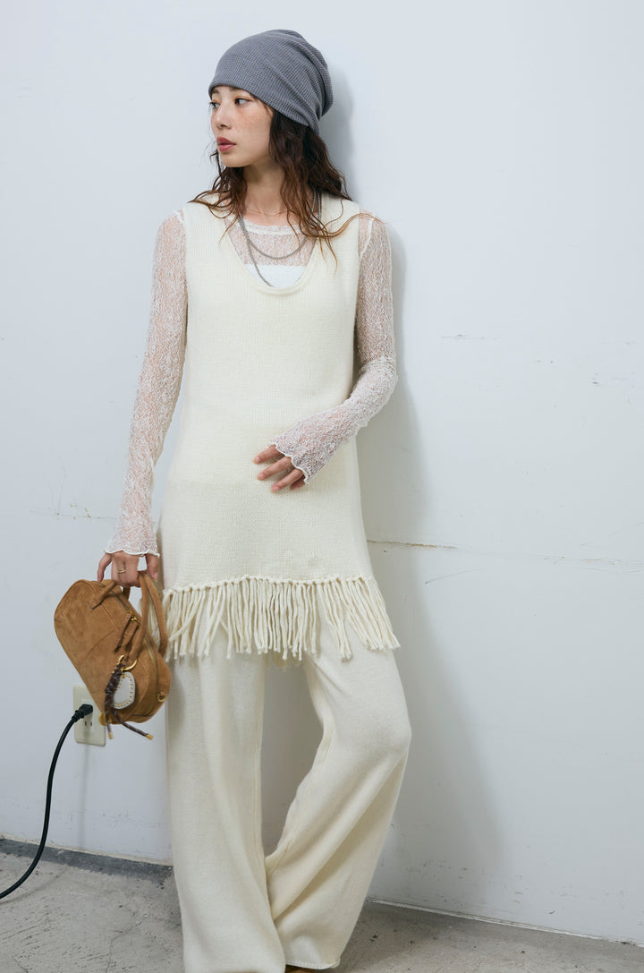 [予約/SET]裾フリンジノースリニット+ニットワイドパンツ(2set)