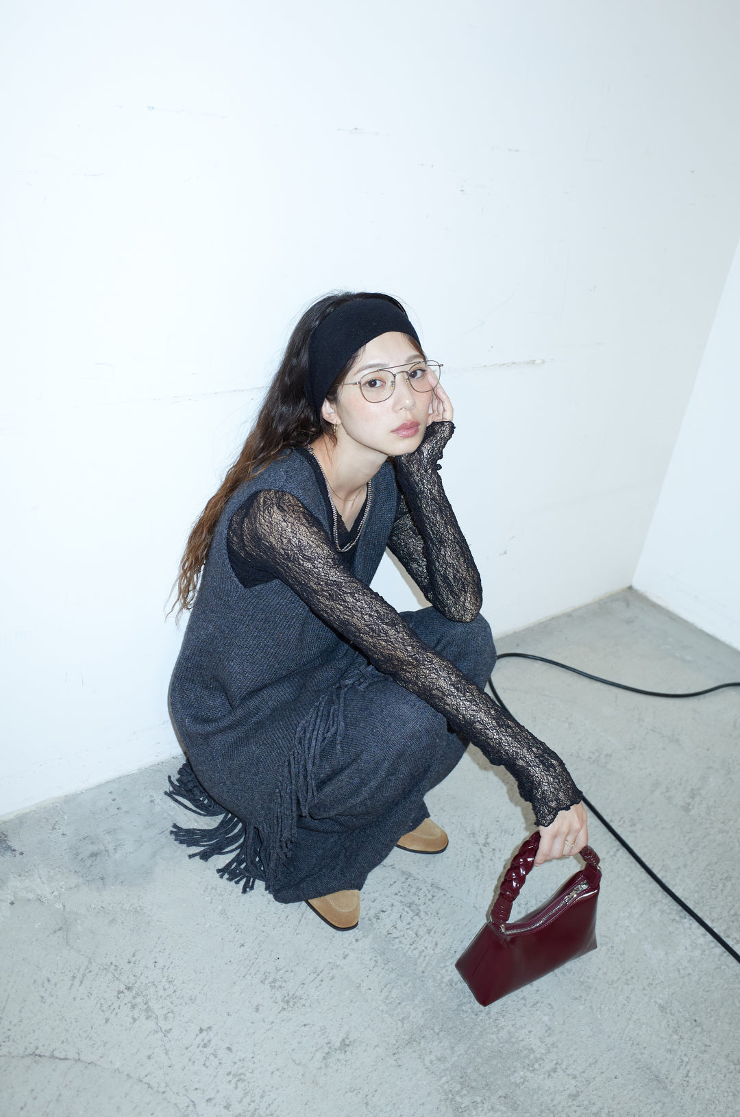 [予約/SET]裾フリンジノースリニット+シアーレーストップス+ニットワイドパンツ(3set)