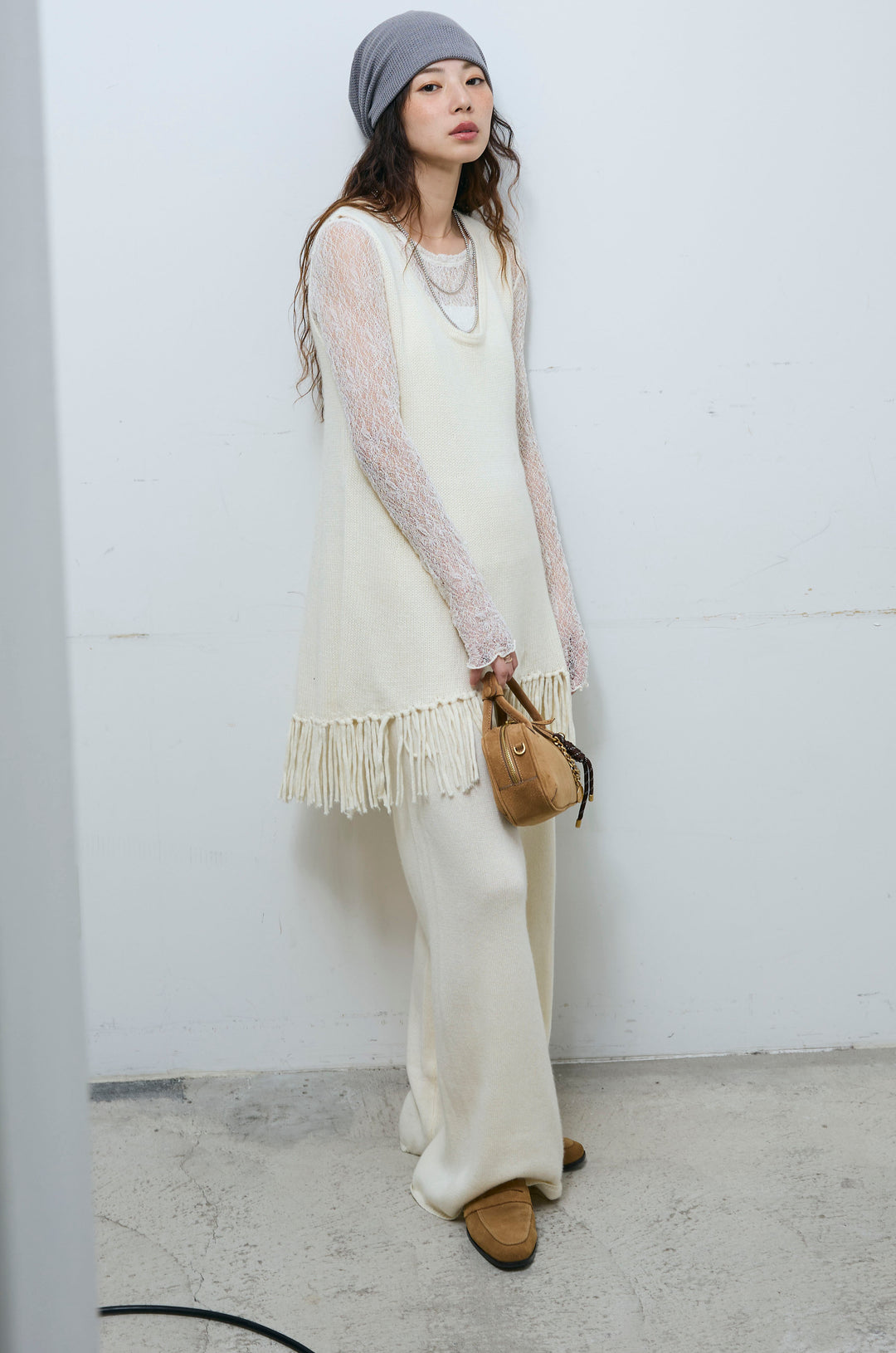 [予約/SET]裾フリンジノースリニット+シアーレーストップス+ニットワイドパンツ(3set)