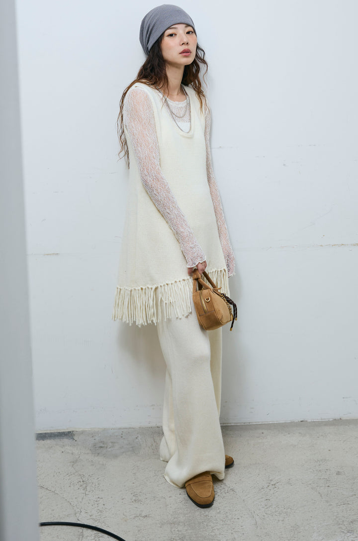 [予約/SET]裾フリンジノースリニット+シアーレーストップス+ニットワイドパンツ(3set)