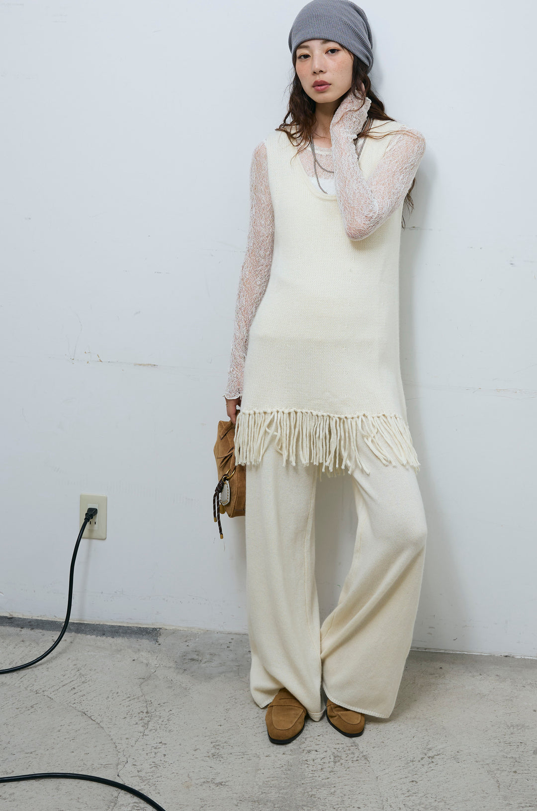 [予約/SET]裾フリンジノースリニット+シアーレーストップス+ニットワイドパンツ(3set)