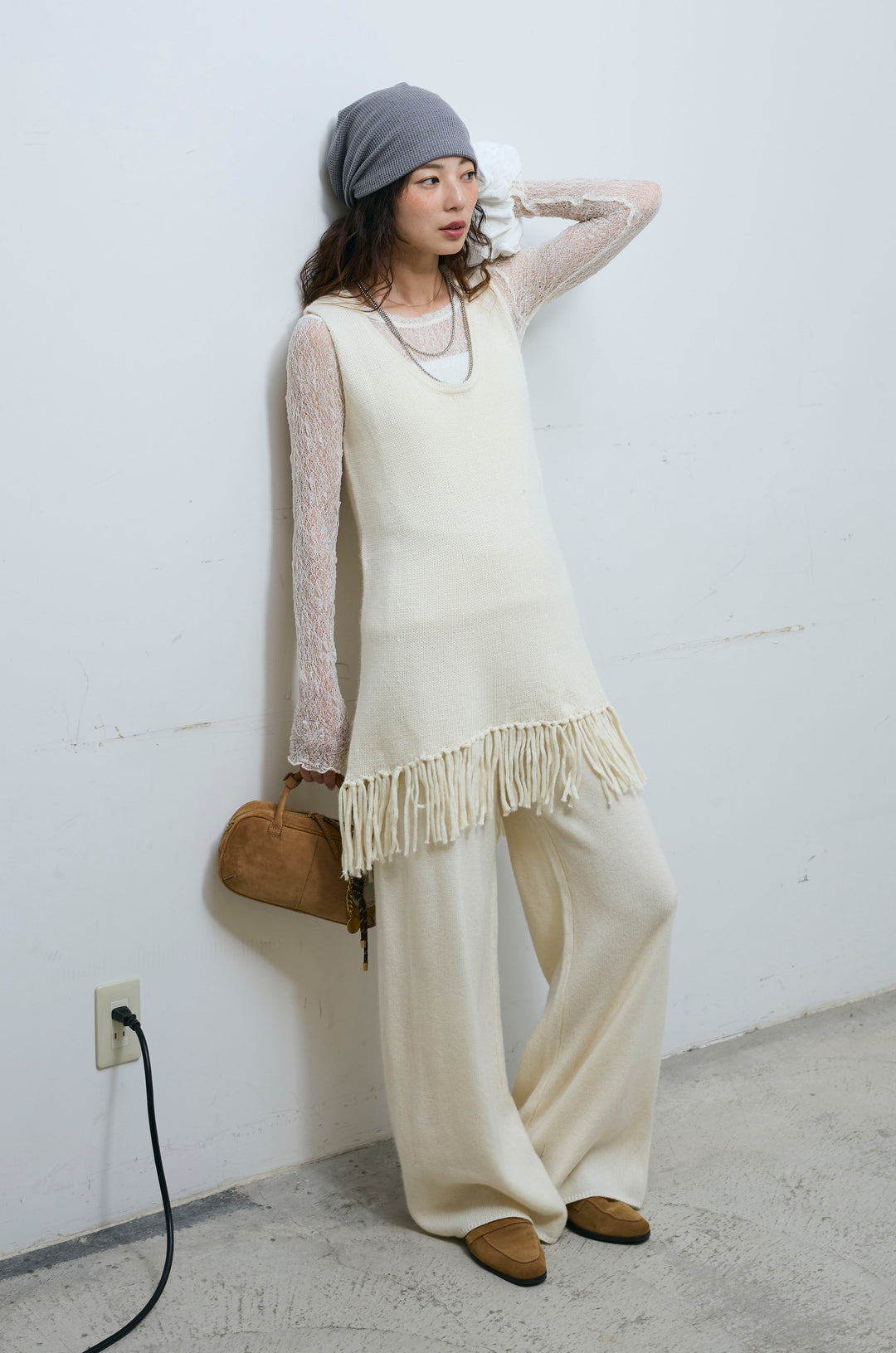[予約/SET]裾フリンジノースリニット+シアーレーストップス+ニットワイドパンツ(3set)