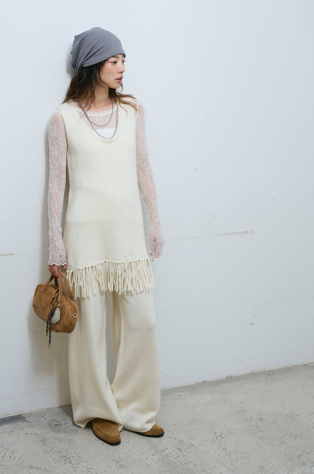 [予約/SET]裾フリンジノースリニット+ニットワイドパンツ(2set)