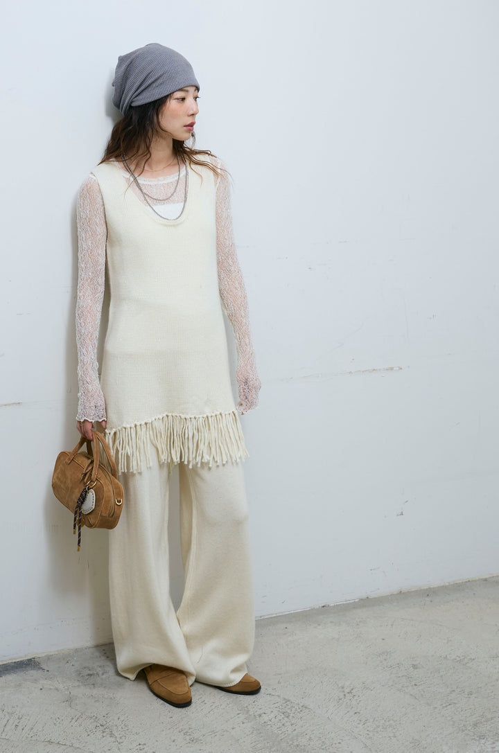 [予約/SET]裾フリンジノースリニット+シアーレーストップス+ニットワイドパンツ(3set)