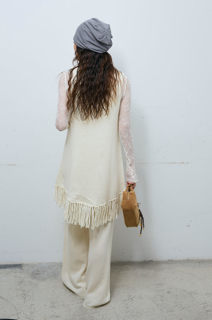 [予約/SET]裾フリンジノースリニット+シアーレーストップス+ニットワイドパンツ(3set)