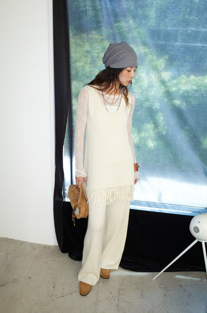 [予約/SET]裾フリンジノースリニット+シアーレーストップス+ニットワイドパンツ(3set)