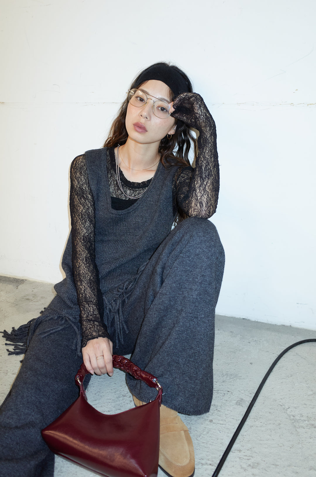 [予約/SET]裾フリンジノースリニット+ニットワイドパンツ(2set)