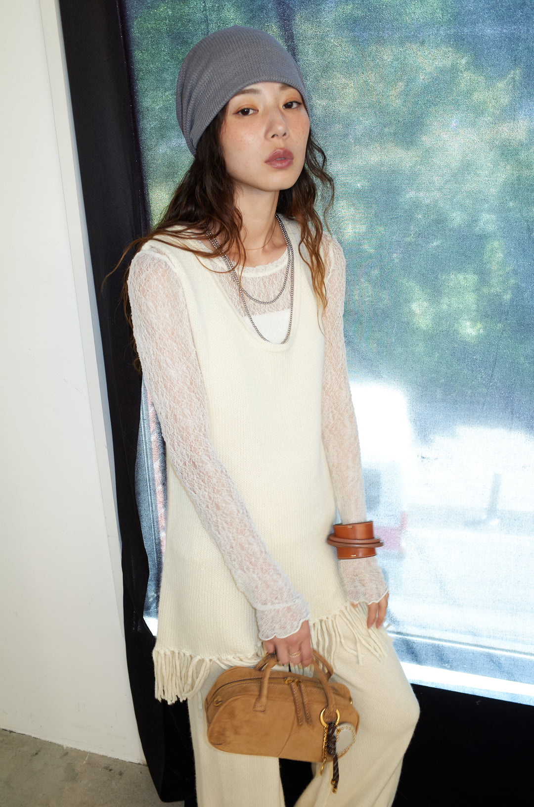 [予約/SET]裾フリンジノースリニット+シアーレーストップス+ニットワイドパンツ(3set)